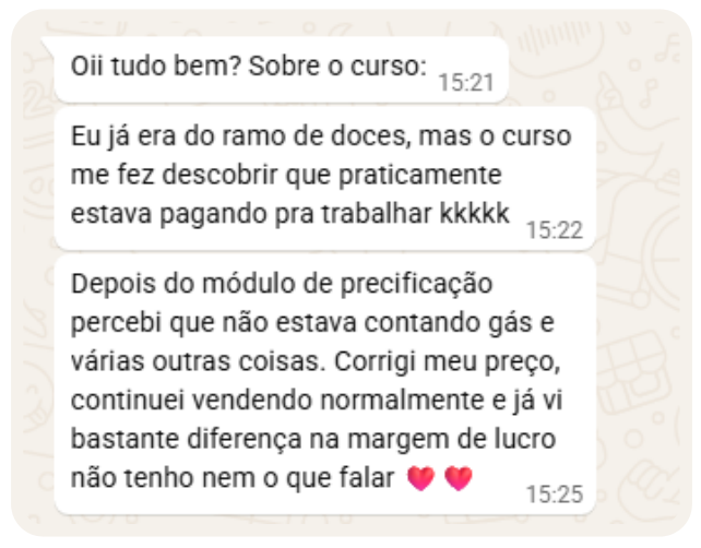 Depoimento de aluna enviado por WhatsApp